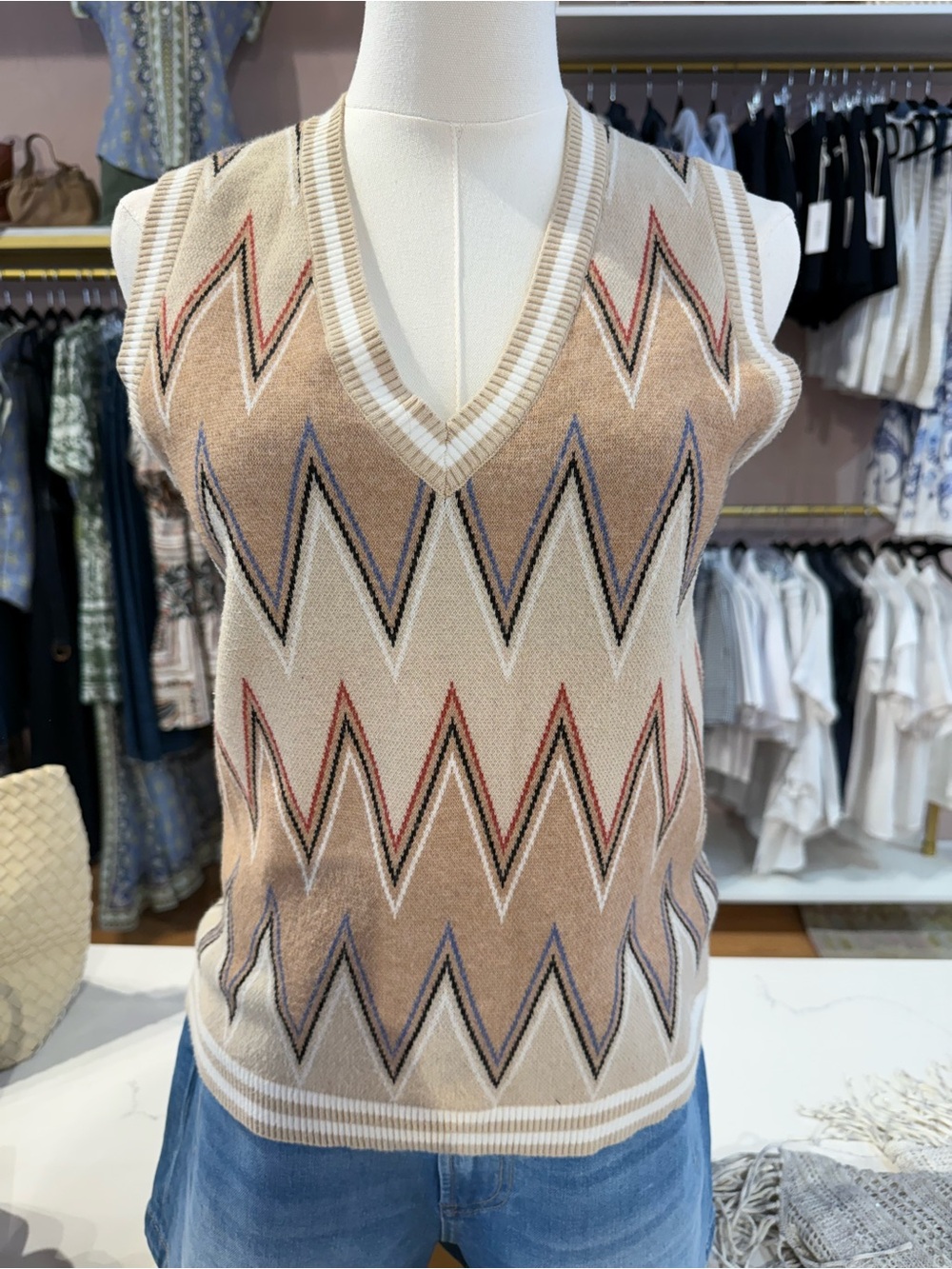 Minnie Rose Multicolor Knit Sweater with Striped Neckline